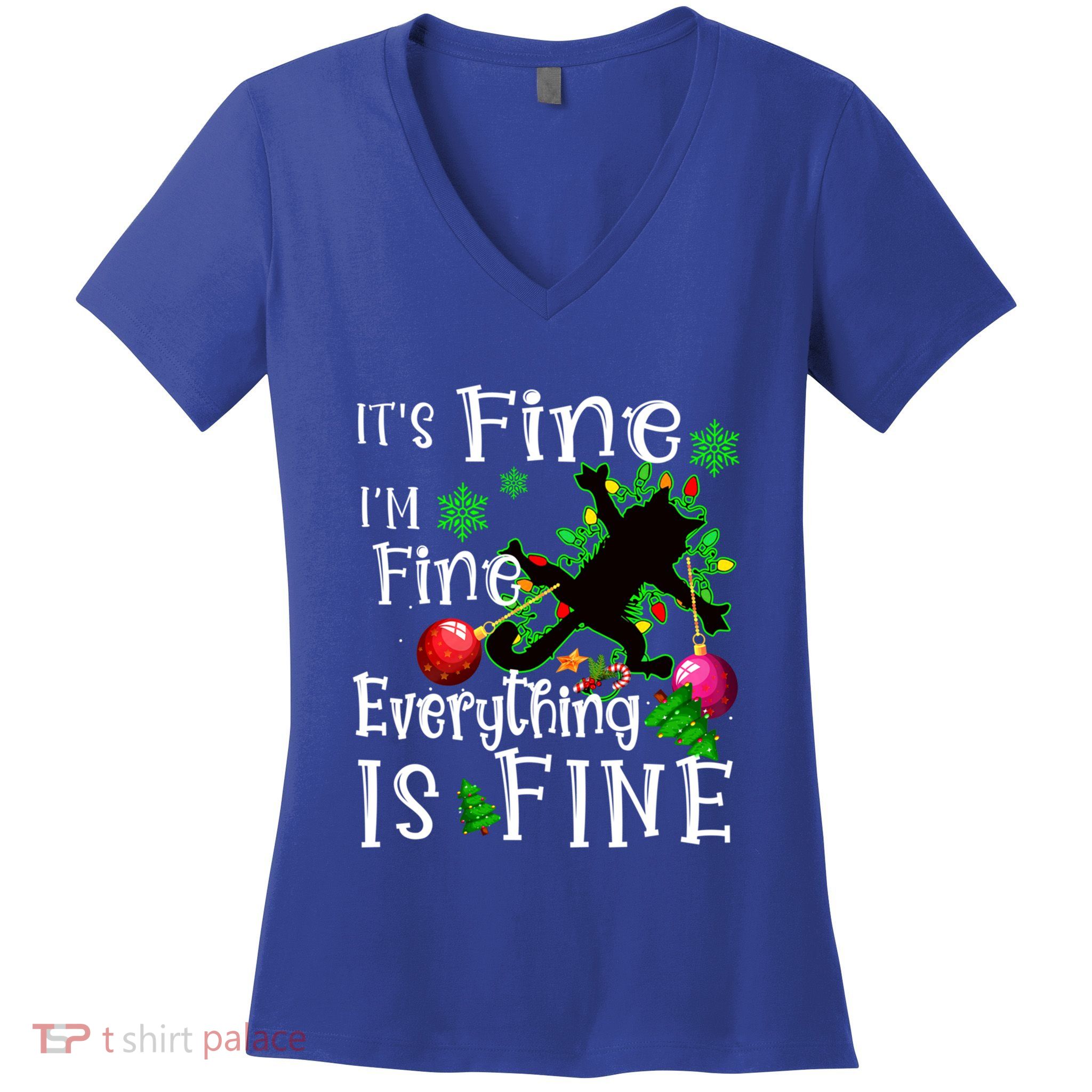 Its Fine Im Fine Everything Is Fine Naughty Cat Xmas Lights Gift Women's V-Neck T-Shirt