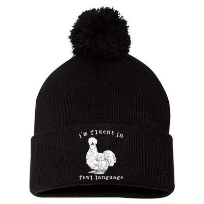 Im Fluent In Fowl Language Funny Silkie Chicken Farmhouse Pom Pom 12in Knit Beanie