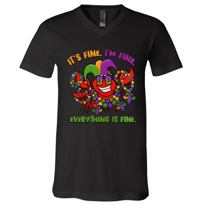 It's Fine I'm Fine Everything Is Fine Mardi Gras Flower De Luce V-Neck T-Shirt