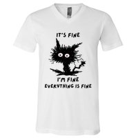 Its Fine IM Fine Funny Coffee Cute Sarcastic Black Cat V-Neck T-Shirt