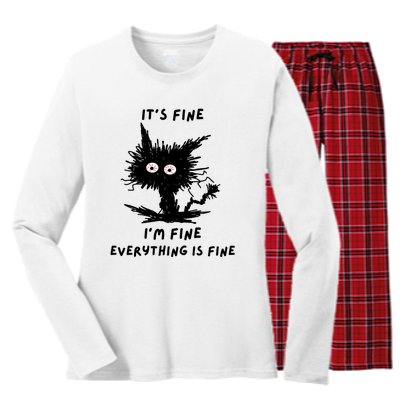 Its Fine IM Fine Funny Coffee Cute Sarcastic Black Cat Women's Long Sleeve Flannel Pajama Set 