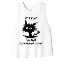 Its Fine IM Fine Funny Coffee Cute Sarcastic Black Cat Women's Racerback Cropped Tank