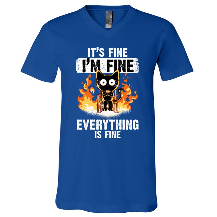 ItS Fine IM Fine Everything Is Fine Black Cat Funny Cat Great Gift V-Neck T-Shirt