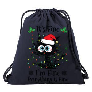 Its Fine Im Fine Everything Is Fine Cat Christmas Lights Drawstring Bag