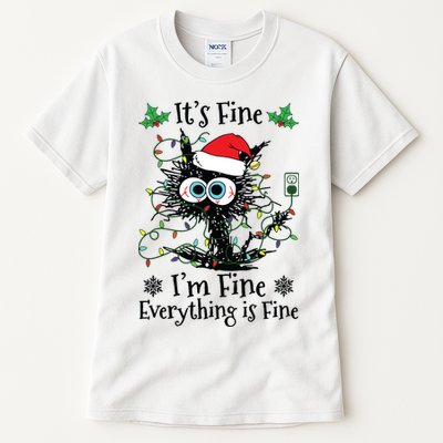 Its Fine Im Fine Everything Is Fine Cat Christmas Lights Tall T-Shirt