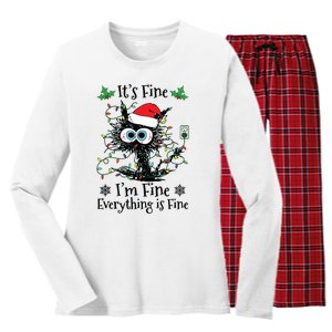 Its Fine Im Fine Everything Is Fine Cat Christmas Lights Women's Long Sleeve Flannel Pajama Set 