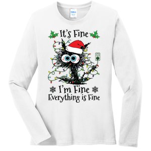 Its Fine Im Fine Everything Is Fine Cat Christmas Lights Ladies Long Sleeve Shirt