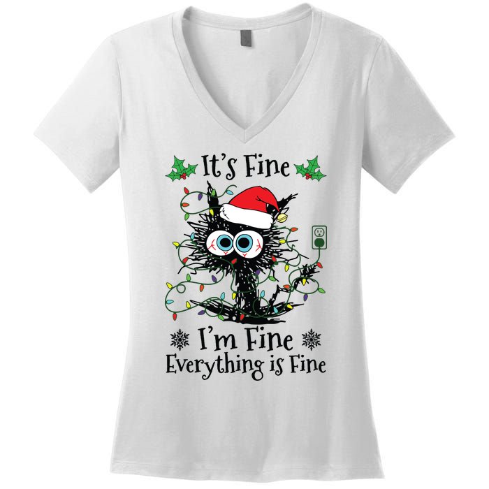 Its Fine Im Fine Everything Is Fine Cat Christmas Lights Women's V-Neck T-Shirt