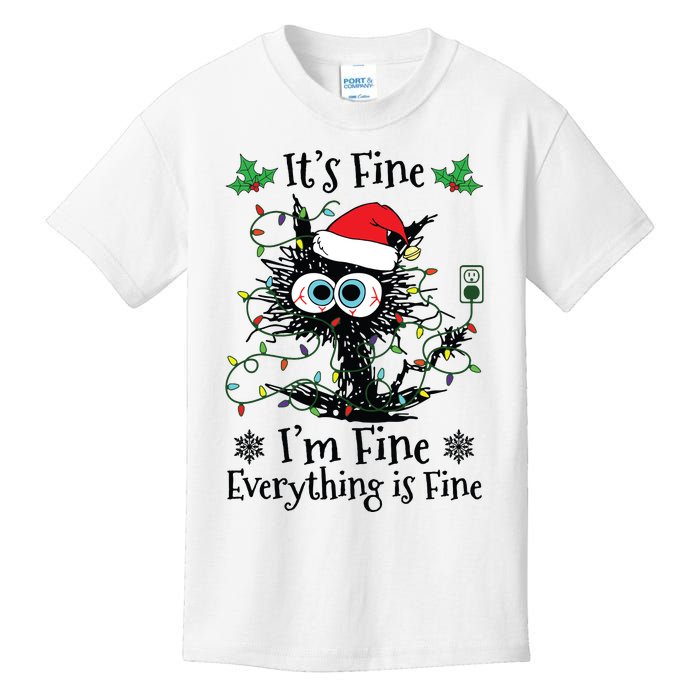 Its Fine Im Fine Everything Is Fine Cat Christmas Lights Kids T-Shirt