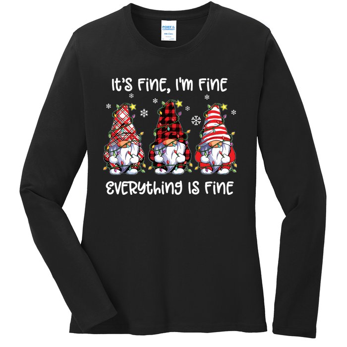 Its Fine Im Fine Everything Is Fine Gnome Christmas Lights Ladies Long Sleeve Shirt