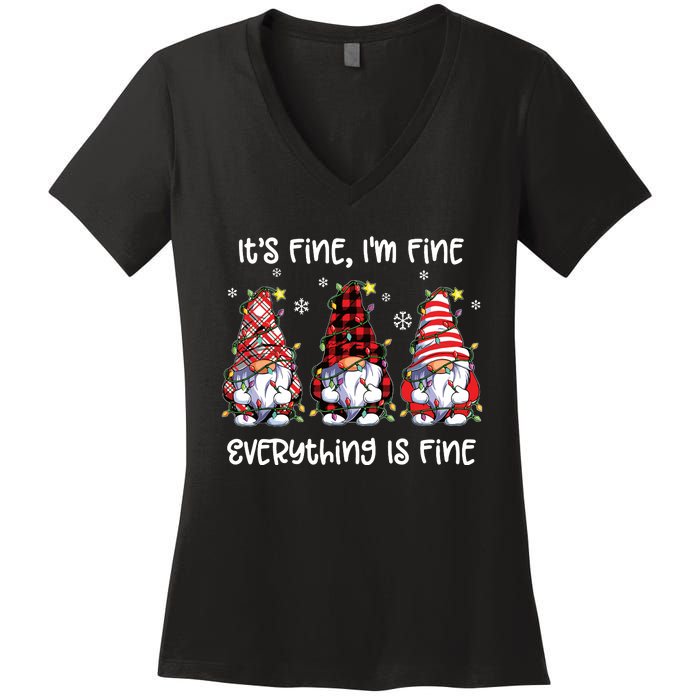 Its Fine Im Fine Everything Is Fine Gnome Christmas Lights Women's V-Neck T-Shirt