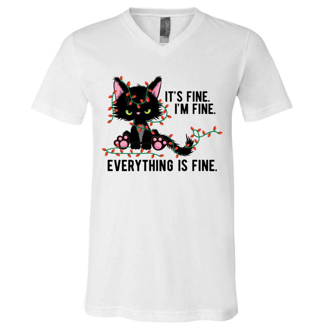 Its Fine Im Fine Everything Is Funny Cat Christmas V-Neck T-Shirt