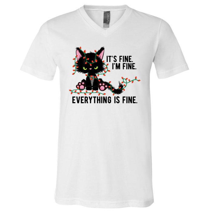 Its Fine Im Fine Everything Is Funny Cat Christmas V-Neck T-Shirt