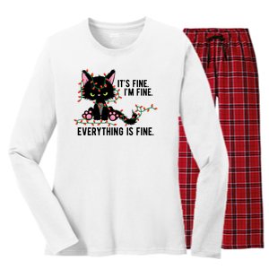 Its Fine Im Fine Everything Is Funny Cat Christmas Women's Long Sleeve Flannel Pajama Set 