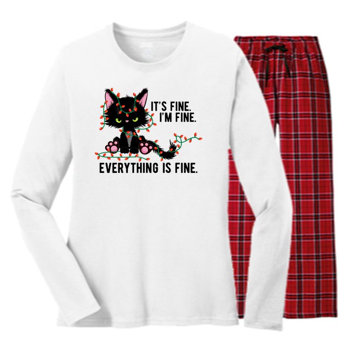 Its Fine Im Fine Everything Is Funny Cat Christmas Women's Long Sleeve Flannel Pajama Set 