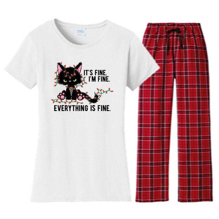 Its Fine Im Fine Everything Is Funny Cat Christmas Women's Flannel Pajama Set