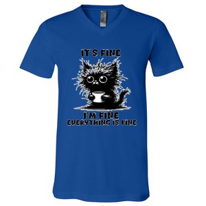 ItS Fine IM Fine Everything Is Fine Funny Coffee Cat Gift V-Neck T-Shirt