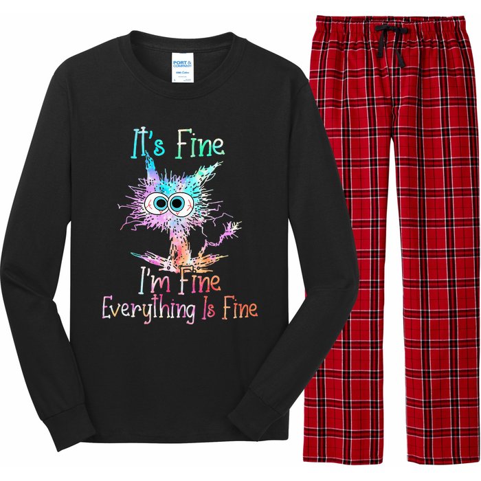 Its Fine Im Fine Everything Is Fine Tie Dye Cat Long Sleeve Pajama Set