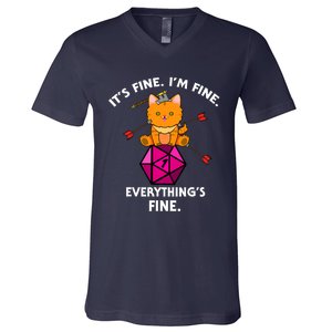 Its Fine Im Fine Everythings Fine Funny D20 Fail Dungeon Cat V-Neck T-Shirt