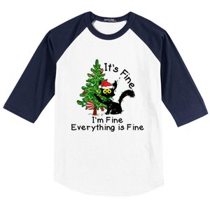 ItS Fine IM Fine Santa Black Cat Xmas Tree Funny Christmas Great Gift Baseball Sleeve Shirt