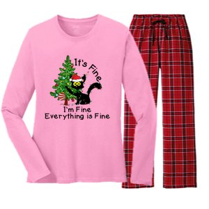 ItS Fine IM Fine Santa Black Cat Xmas Tree Funny Christmas Great Gift Women's Long Sleeve Flannel Pajama Set 