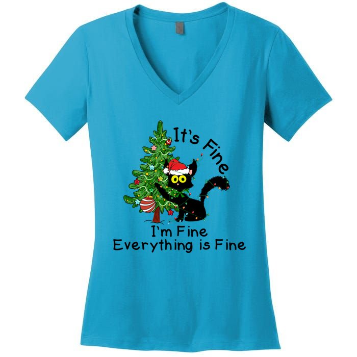 ItS Fine IM Fine Santa Black Cat Xmas Tree Funny Christmas Great Gift Women's V-Neck T-Shirt