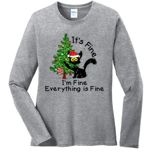 ItS Fine IM Fine Santa Black Cat Xmas Tree Funny Christmas Great Gift Ladies Long Sleeve Shirt