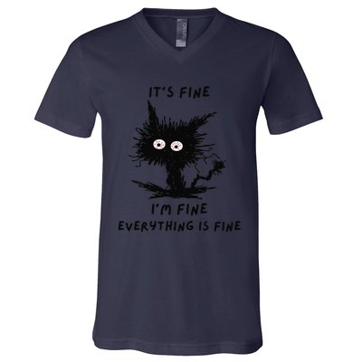 Its Fine Im Fine Funny Coffee Cute Sarcastic Black Cat V-Neck T-Shirt