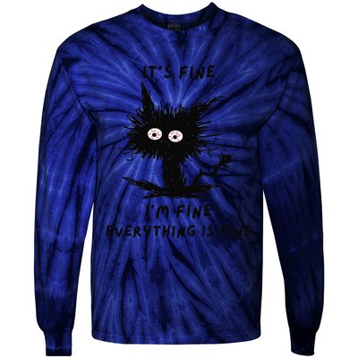 Its Fine Im Fine Funny Coffee Cute Sarcastic Black Cat Tie-Dye Long Sleeve Shirt