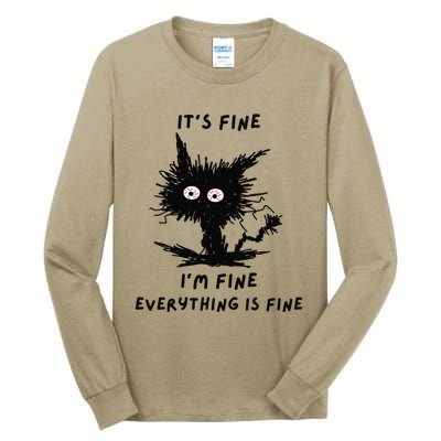 Its Fine Im Fine Funny Coffee Cute Sarcastic Black Cat Tall Long Sleeve T-Shirt