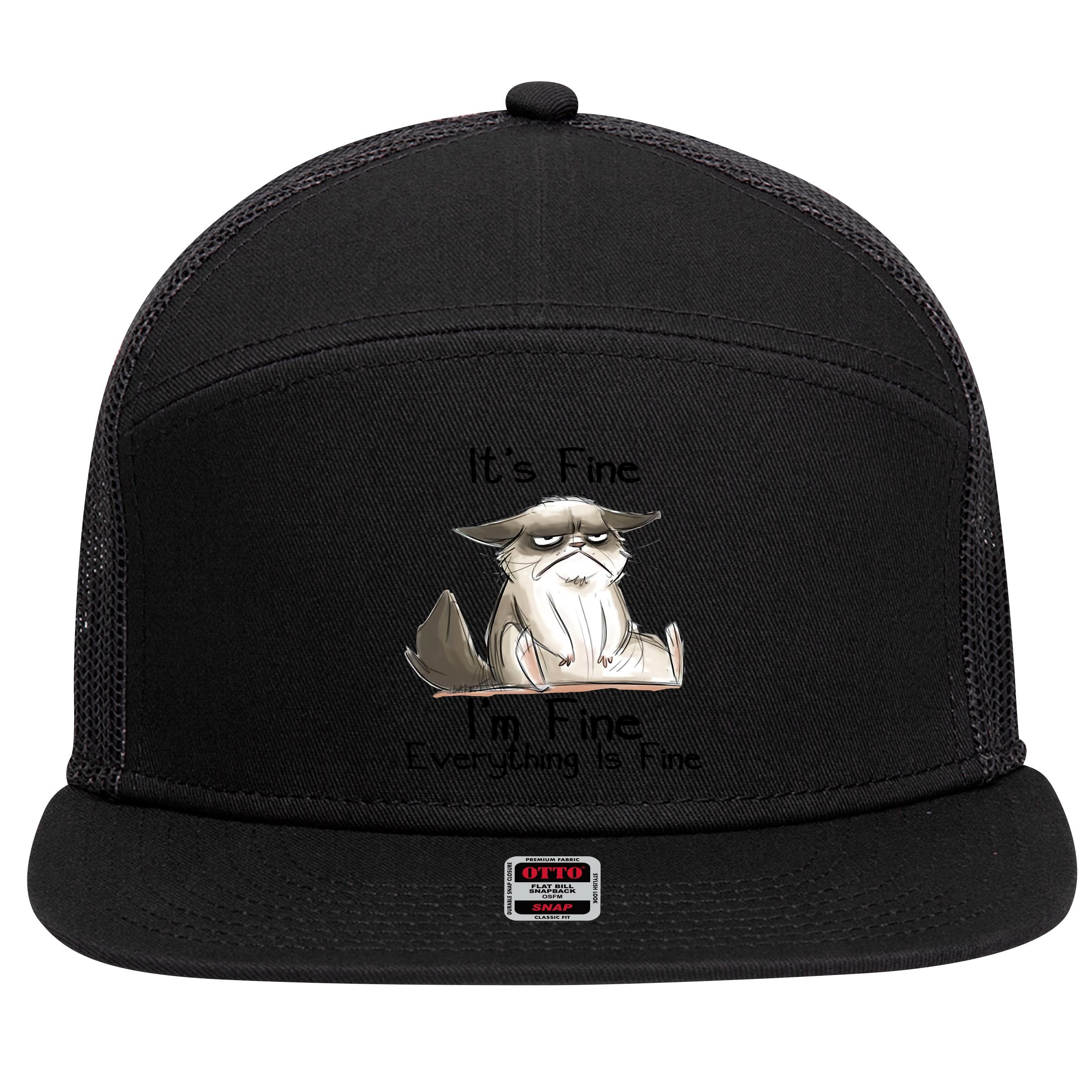 It's Fine I'm Fine Everything Is Fine Angry Cat Funny Quote 7 Panel Mesh Trucker Snapback Hat