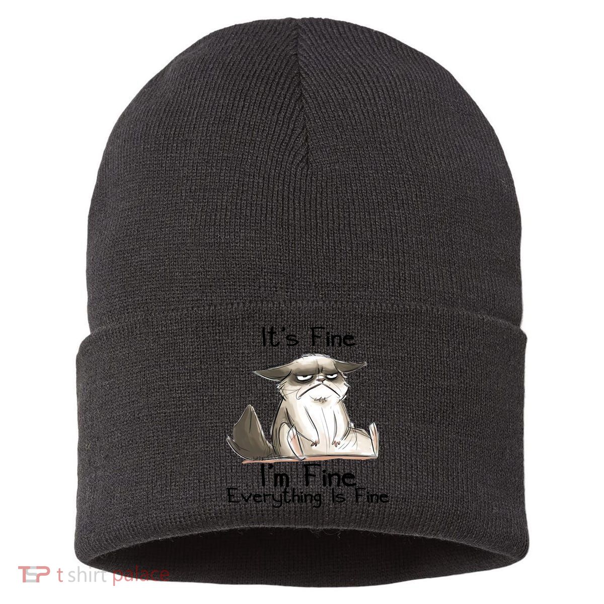 It's Fine I'm Fine Everything Is Fine Angry Cat Funny Quote Sustainable Knit Beanie