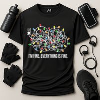It's Fine I'm Fine Everything Is Fine Funny Christmas Lights Cooling Performance Crew T-Shirt