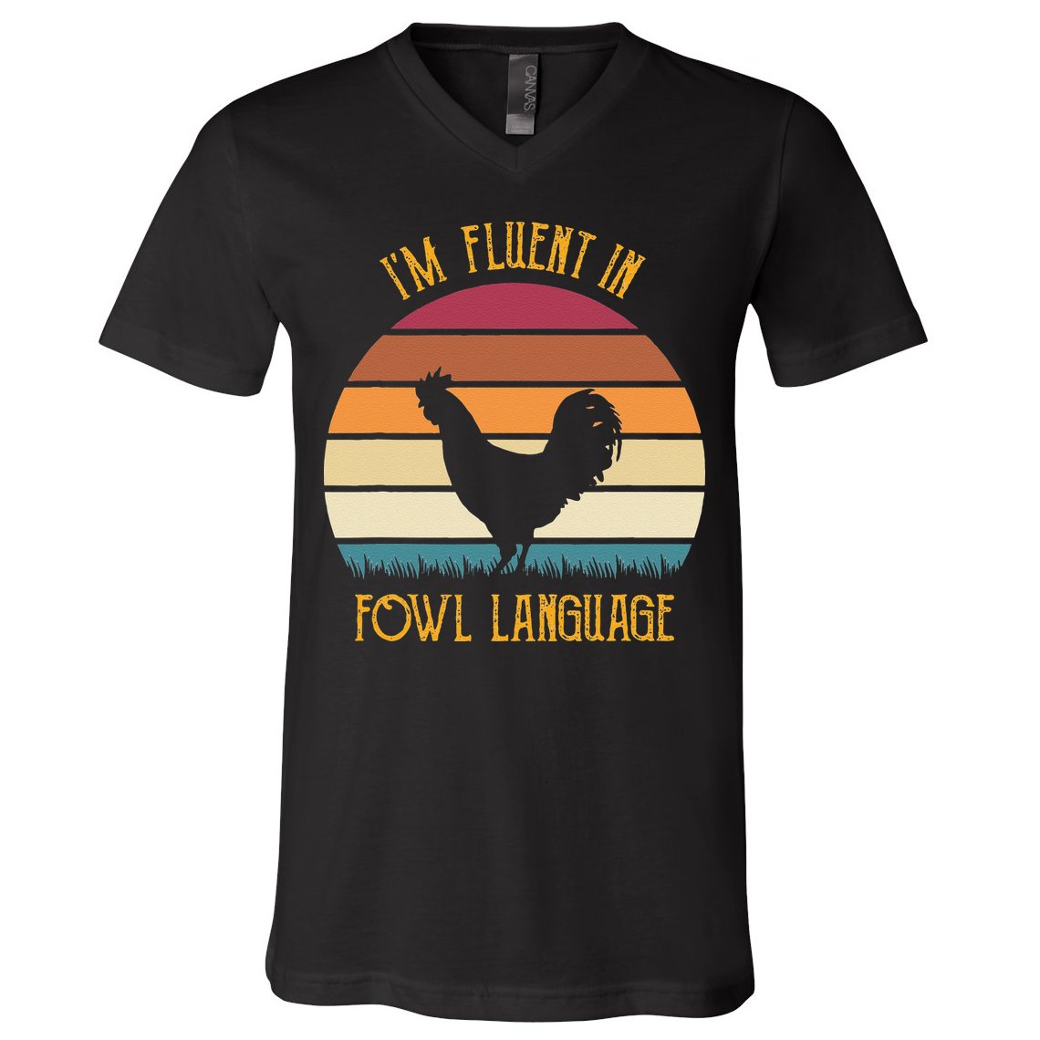 I'm Fluent In Fowl Language Retro Rooster Sunset Farmer V-Neck T-Shirt