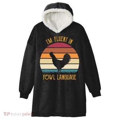 I'm Fluent In Fowl Language Retro Rooster Sunset Farmer Hooded Wearable Blanket