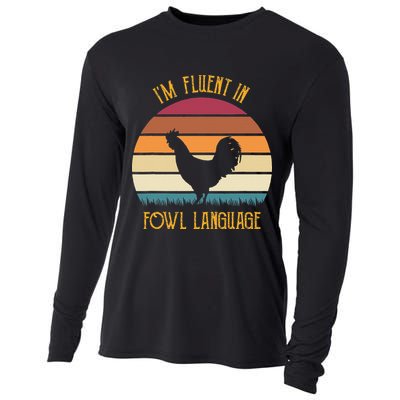 I'm Fluent In Fowl Language Retro Rooster Sunset Farmer Cooling Performance Long Sleeve Crew