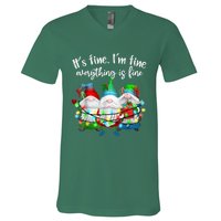 It's Fine I'm Fine Everything Is Fine Gnome Christmas Light V-Neck T-Shirt