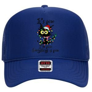 It's Fine I'm Fine Everything Is Fine Funny Cat Christmas High Crown Mesh Back Trucker Hat