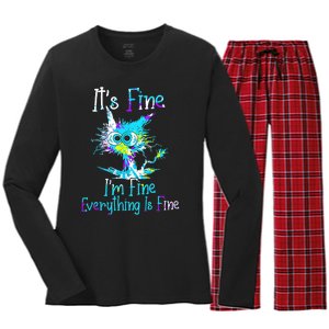 Its Fine Im Fine Everything Is Fine Funny Cat Tie Dye Women's Long Sleeve Flannel Pajama Set 