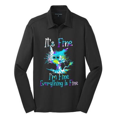 Its Fine Im Fine Everything Is Fine Funny Cat Tie Dye Silk Touch Performance Long Sleeve Polo