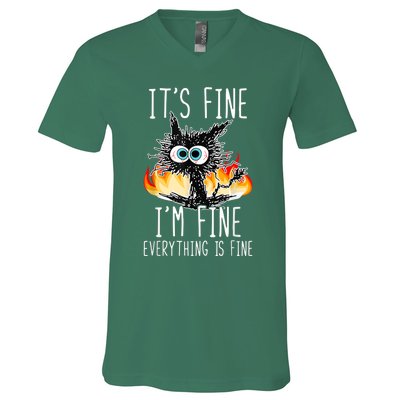 It's Fine I'm Fine Everything Is Fine Funny Cat V-Neck T-Shirt