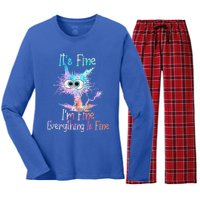 It's Fine I'm Fine Everything Is Fine Cute Gift Tie Dye Cat Cute Gift Women's Long Sleeve Flannel Pajama Set 