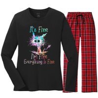 Its Fine Im Fine Everything Is Fine Tie Dye Cat Women's Long Sleeve Flannel Pajama Set 