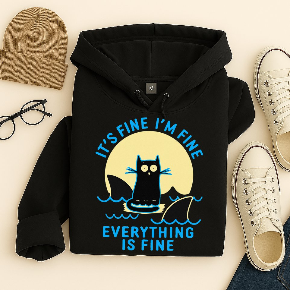 Its Fine Im Fine Everything Is Fine Funny Black Cat Shark Hoodie