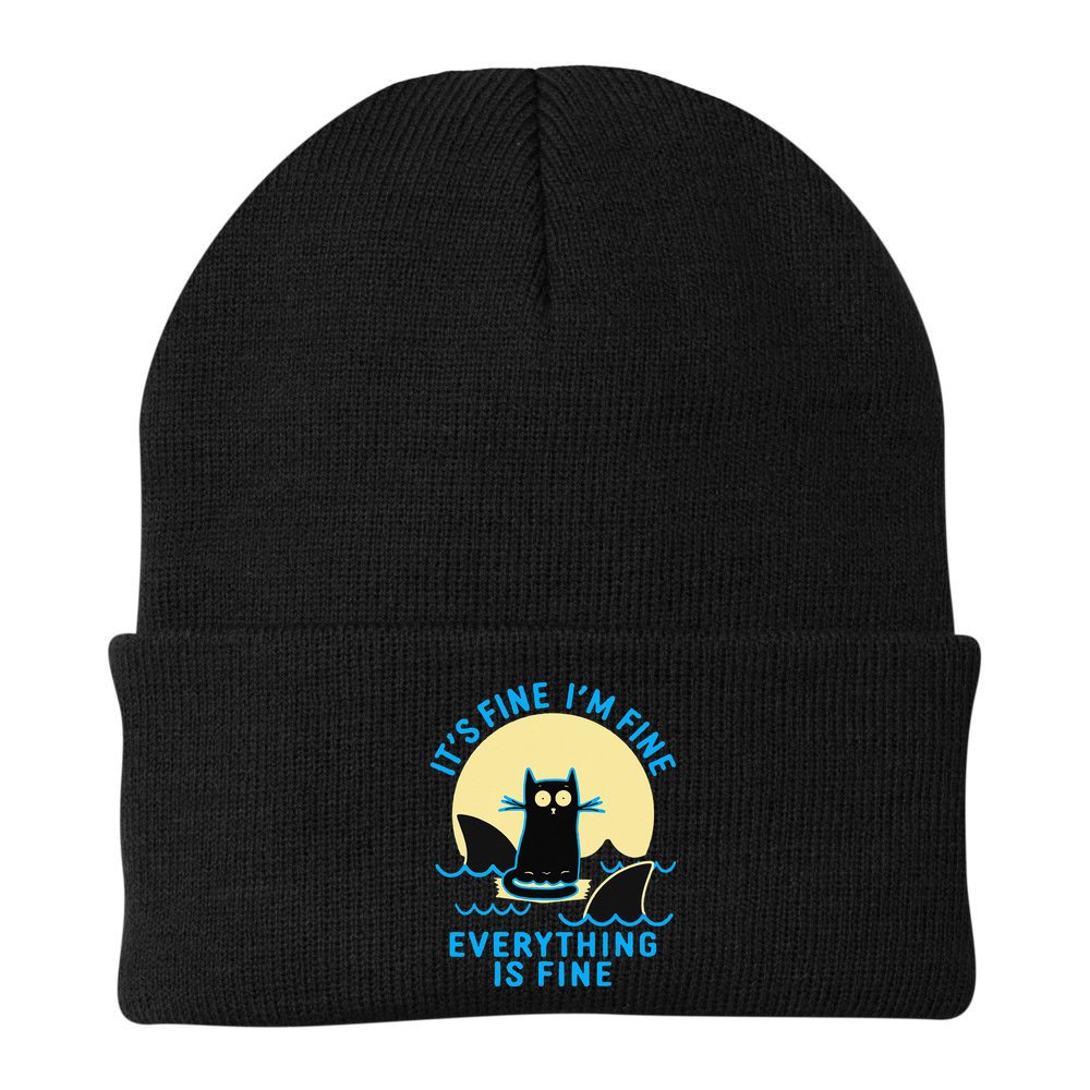 Its Fine Im Fine Everything Is Fine Funny Black Cat Shark Beanie