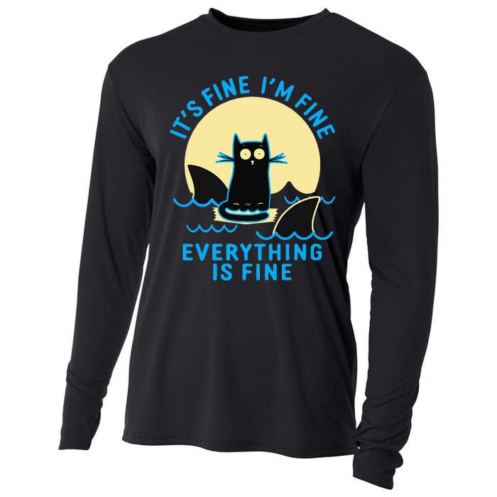 Its Fine Im Fine Everything Is Fine Funny Black Cat Shark Cooling Performance Long Sleeve Crew