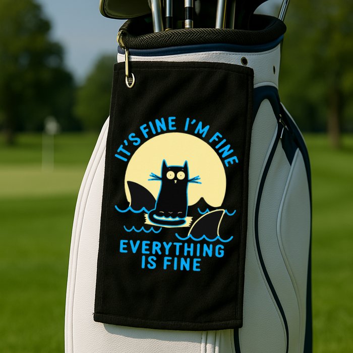 Its Fine Im Fine Everything Is Fine Funny Black Cat Shark Golf Towel
