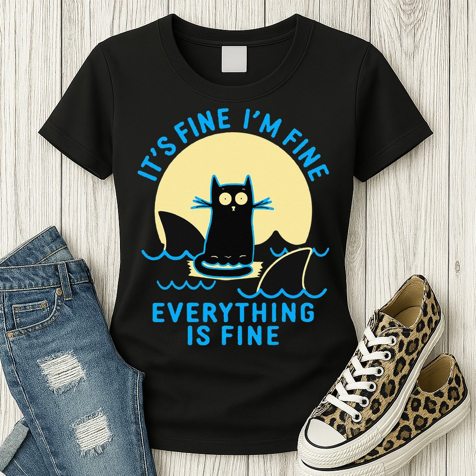 Its Fine Im Fine Everything Is Fine Funny Black Cat Shark Womens T-Shirt