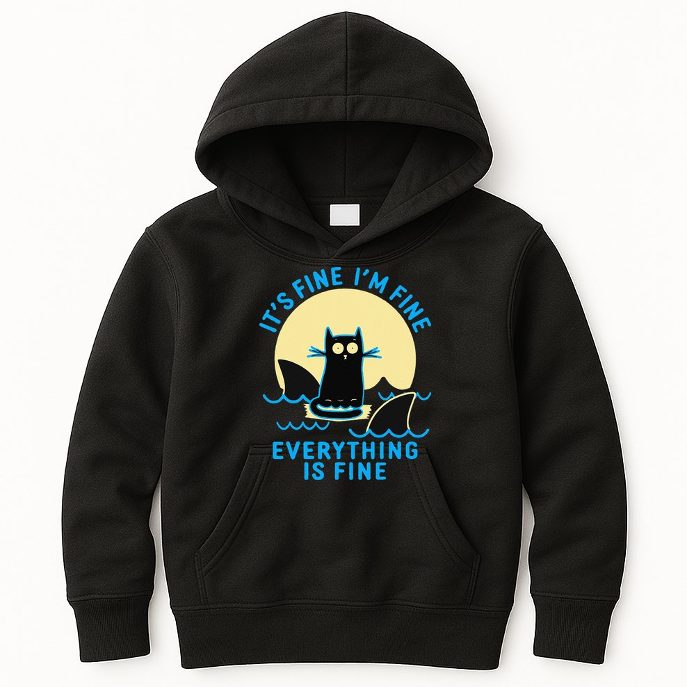 Its Fine Im Fine Everything Is Fine Funny Black Cat Shark Kids Hoodie