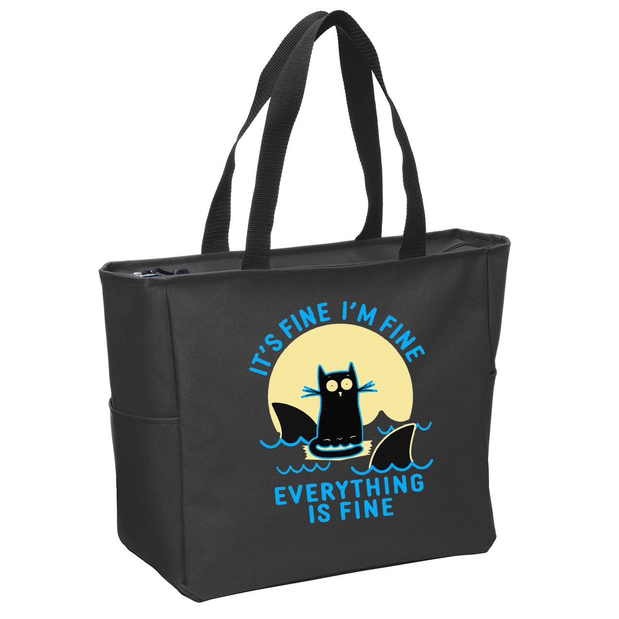 Its Fine Im Fine Everything Is Fine Funny Black Cat Shark Zip Tote Bag